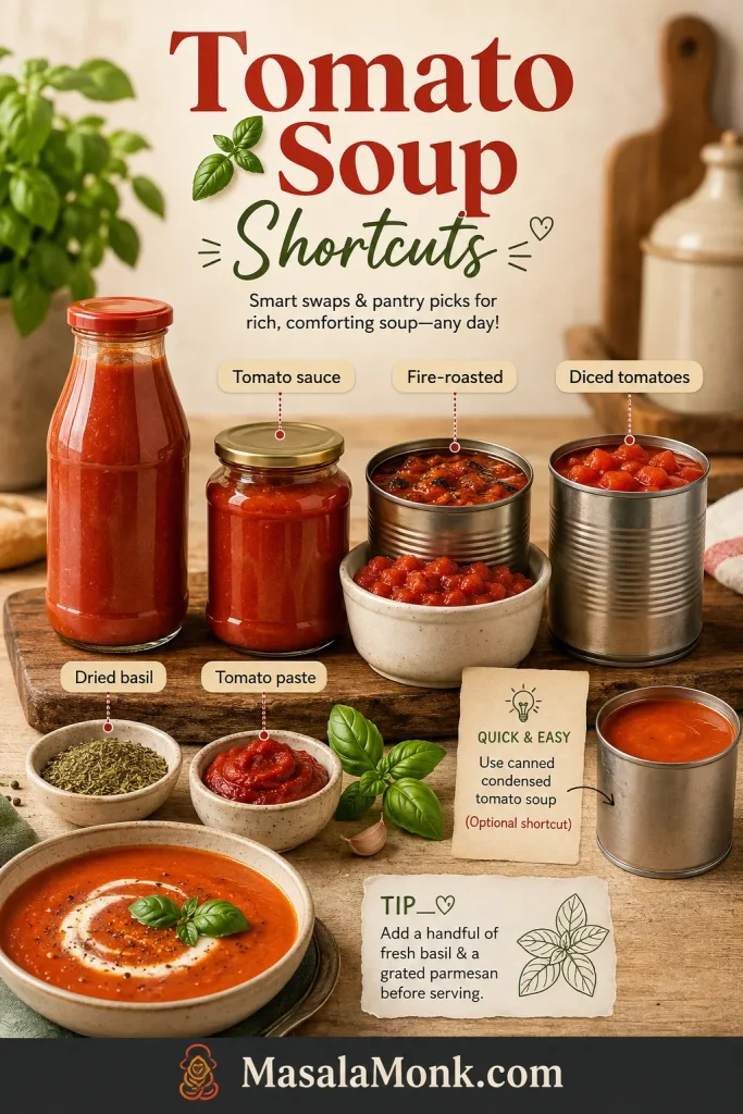 Tomato soup shortcuts board with passata, tomato sauce, fire-roasted tomatoes, diced tomatoes, dried basil, tomato paste, condensed tomato soup, basil, and a finished bowl.