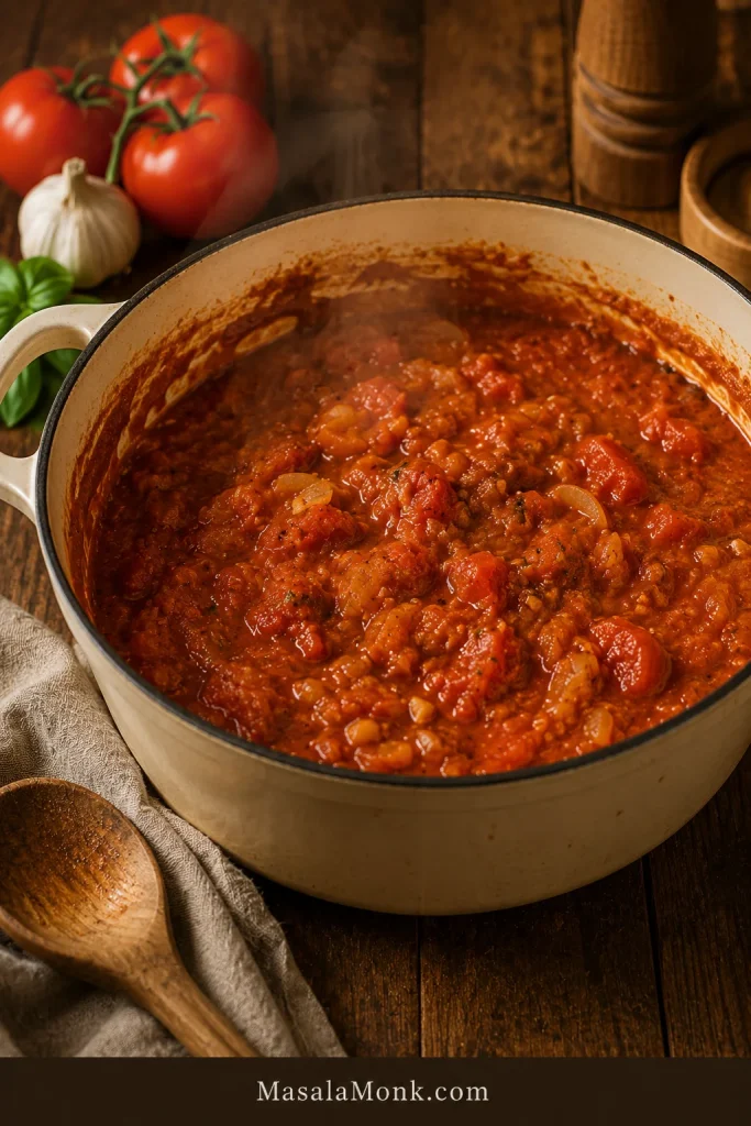 Thick tomato bisque base simmering in a pot before blending, with softened tomatoes and vegetables visible.