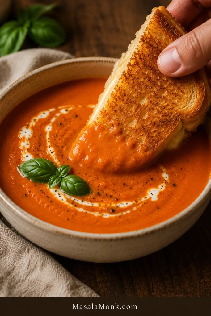 Hand dipping a grilled cheese sandwich into creamy tomato bisque.