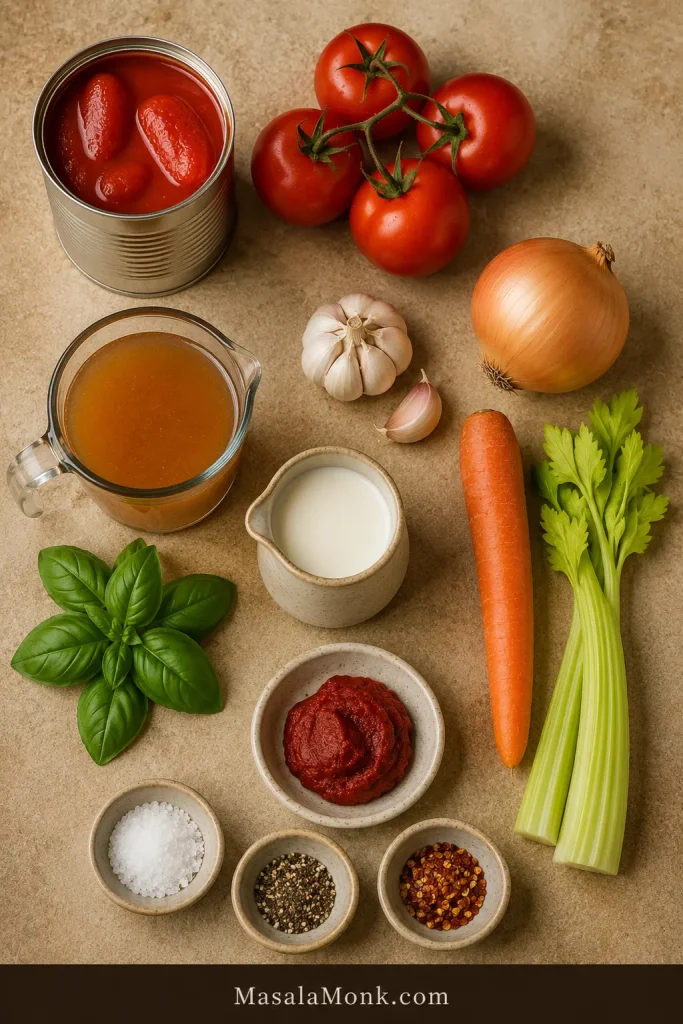 Tomato bisque ingredients arranged on a surface, including tomatoes, onion, carrot, celery, garlic, cream, broth, basil, and tomato paste.