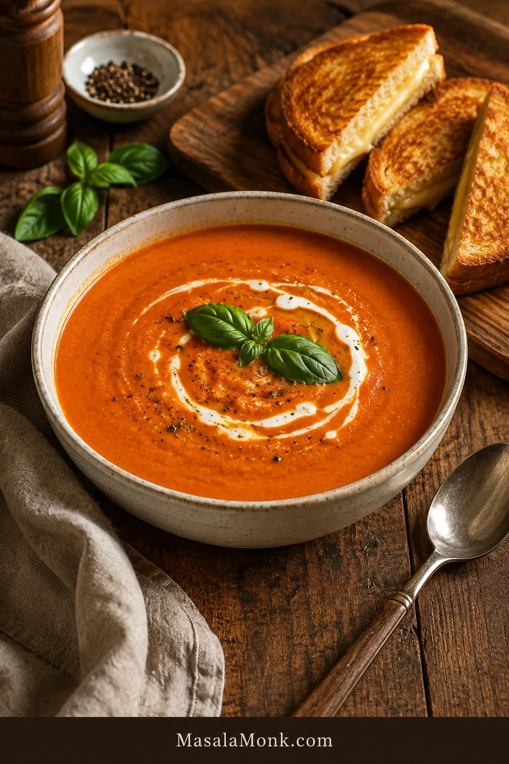 Bowl of creamy tomato bisque with a cream swirl, basil garnish, black pepper, and grilled cheese on the side.