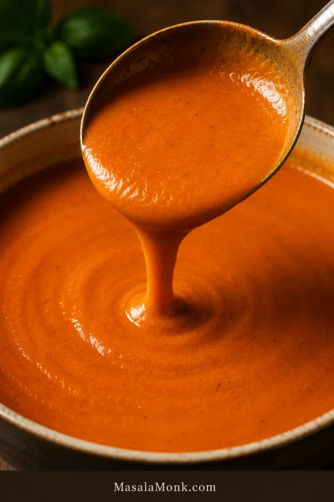 Tomato bisque falling from a spoon in a smooth ribbon back into a bowl.