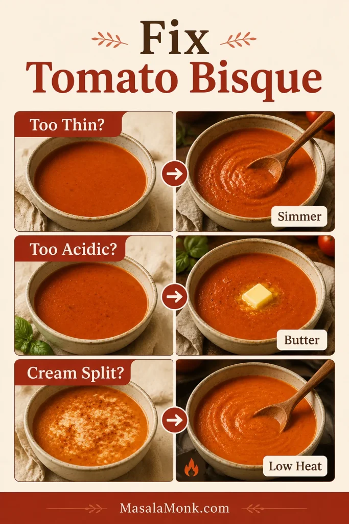 Troubleshooting guide for tomato bisque showing fixes for soup that is too thin, too acidic, or has split cream.