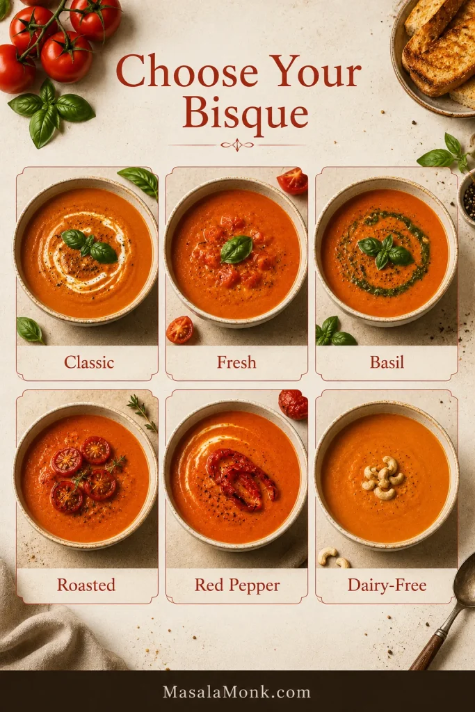 Guide board showing tomato bisque variations labeled classic, fresh, basil, roasted, red pepper, and dairy-free.