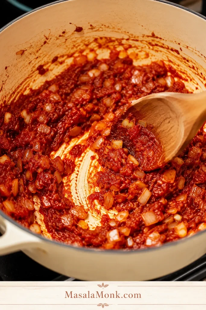 Tomato paste cooking with onion and garlic in a pot.