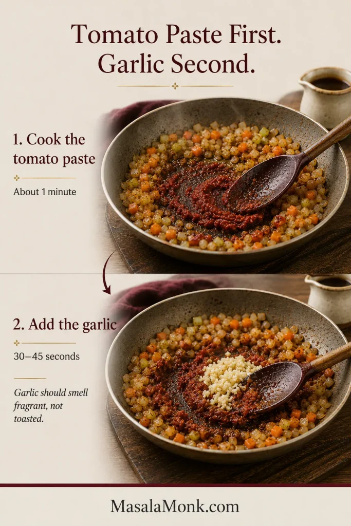 Two-stage graphic showing tomato paste cooked into vegetables before minced garlic is added briefly.