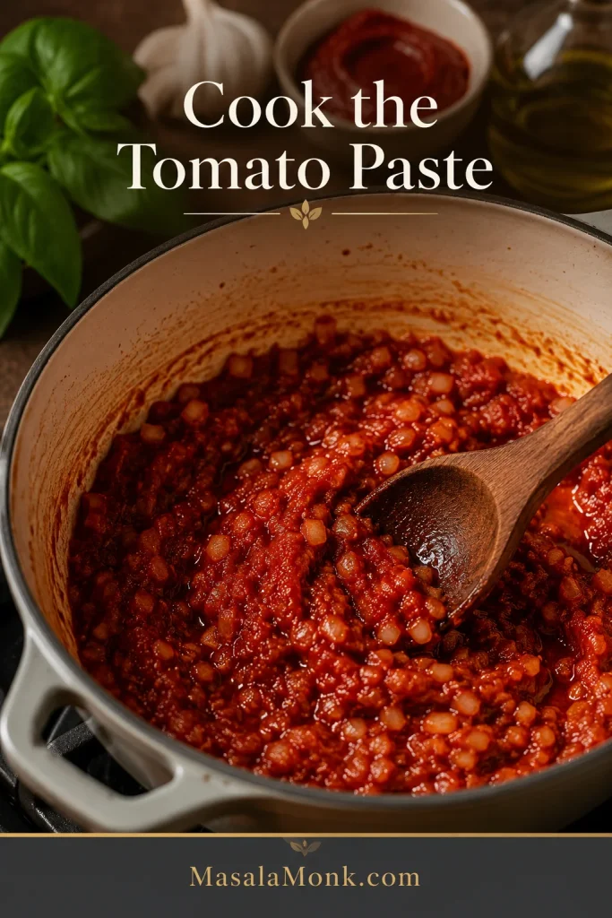 Tomato paste being stirred with onion and garlic in a pot to build a deeper tomato soup base.