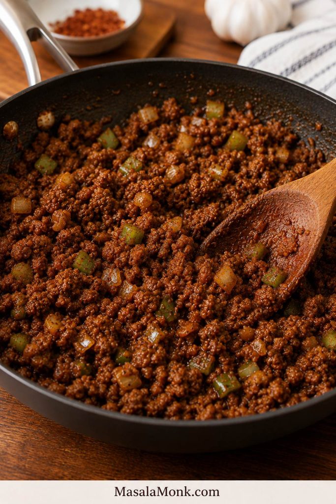 Ground beef, onion, bell pepper, tomato paste, and chili spices cooking together in a skillet