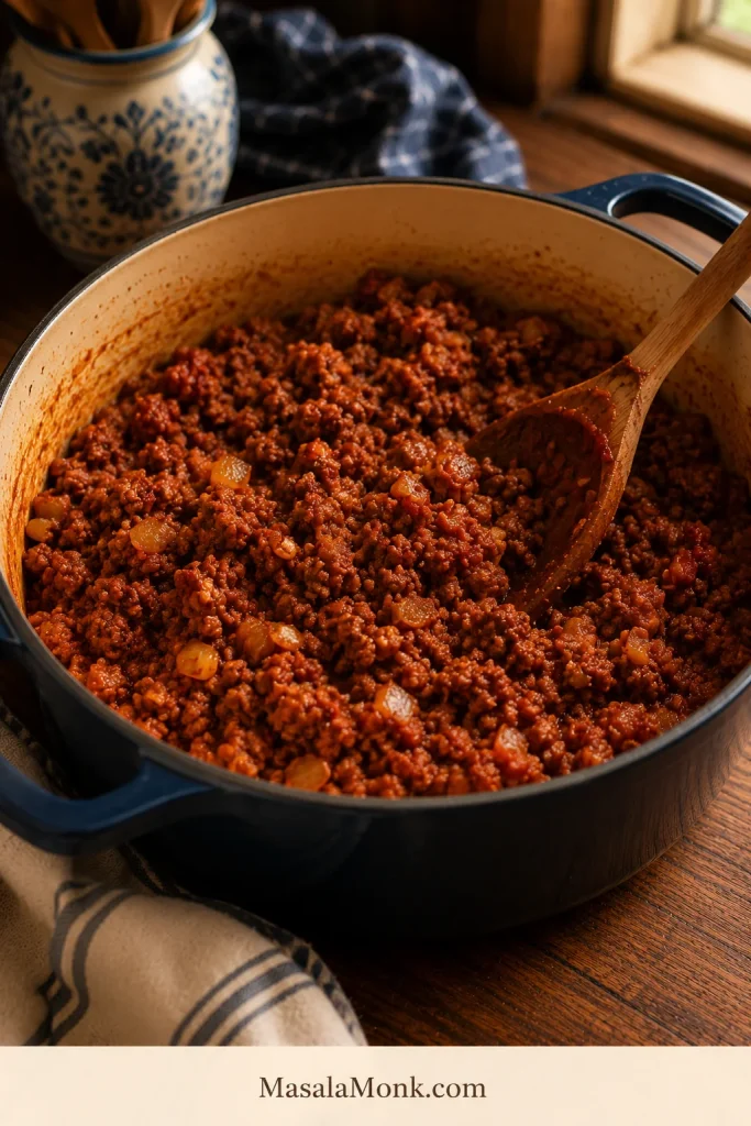 Tomato paste stirred into browned ground beef and onion in a Dutch oven before sauce or broth is added.