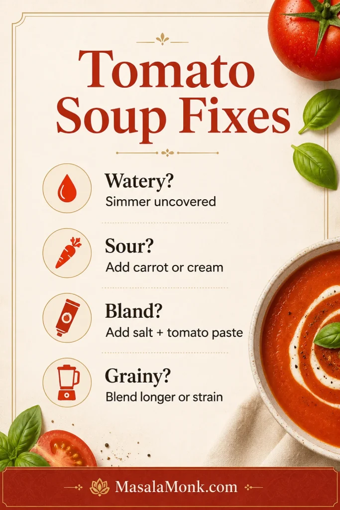 A guide card showing fixes for watery, sour, bland, and grainy tomato soup.