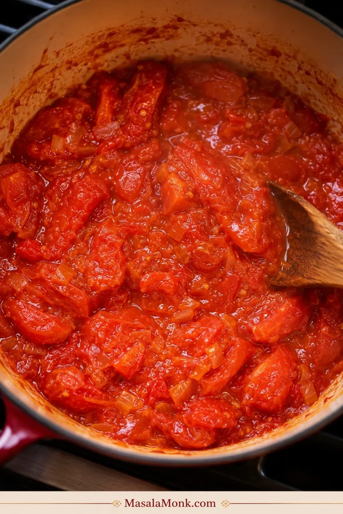 Fresh tomatoes cooked down in a pot until soft, thick, and saucy before blending.