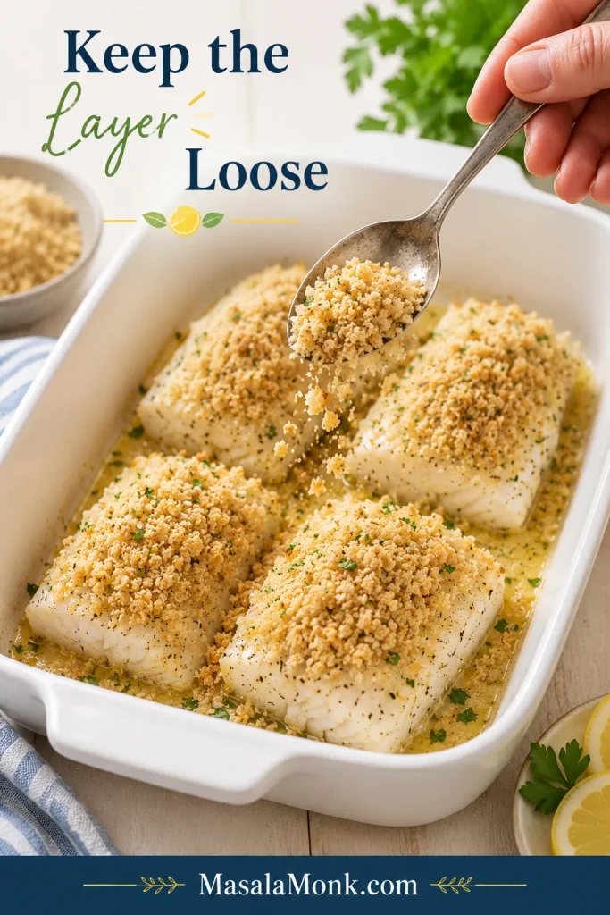 Loose breadcrumb topping being spooned over seasoned haddock fillets in a white ceramic baking dish.
