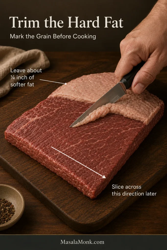 A hand trimming firm white exterior fat from raw brisket while arrows mark the muscle-grain direction for slicing after cooking.