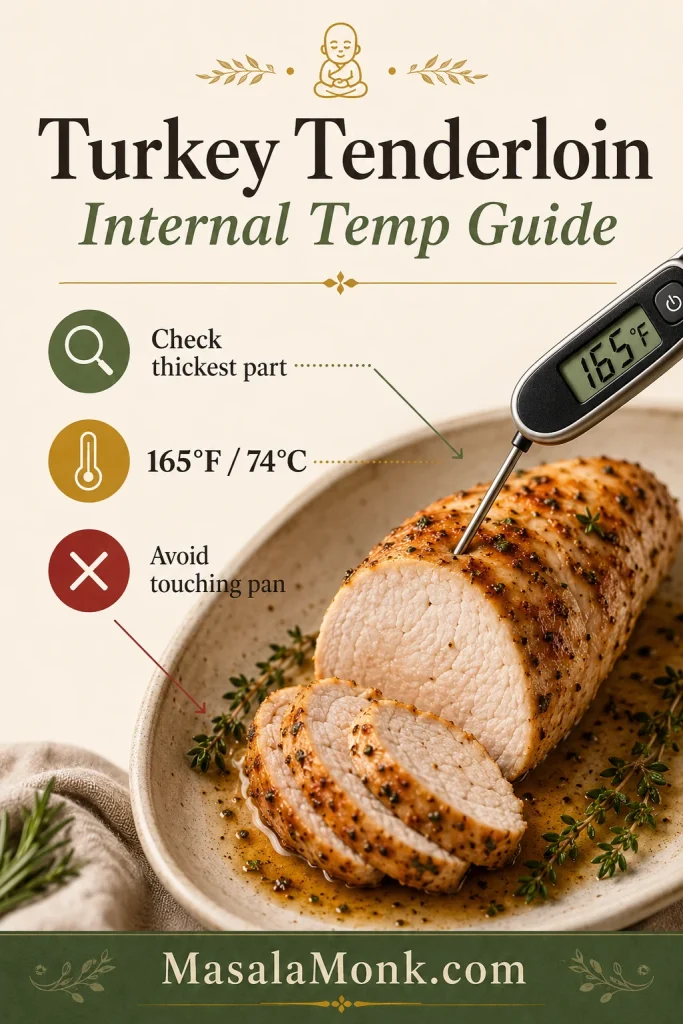 Internal temperature guide showing turkey tenderloin cooked to 165°F in the thickest part.