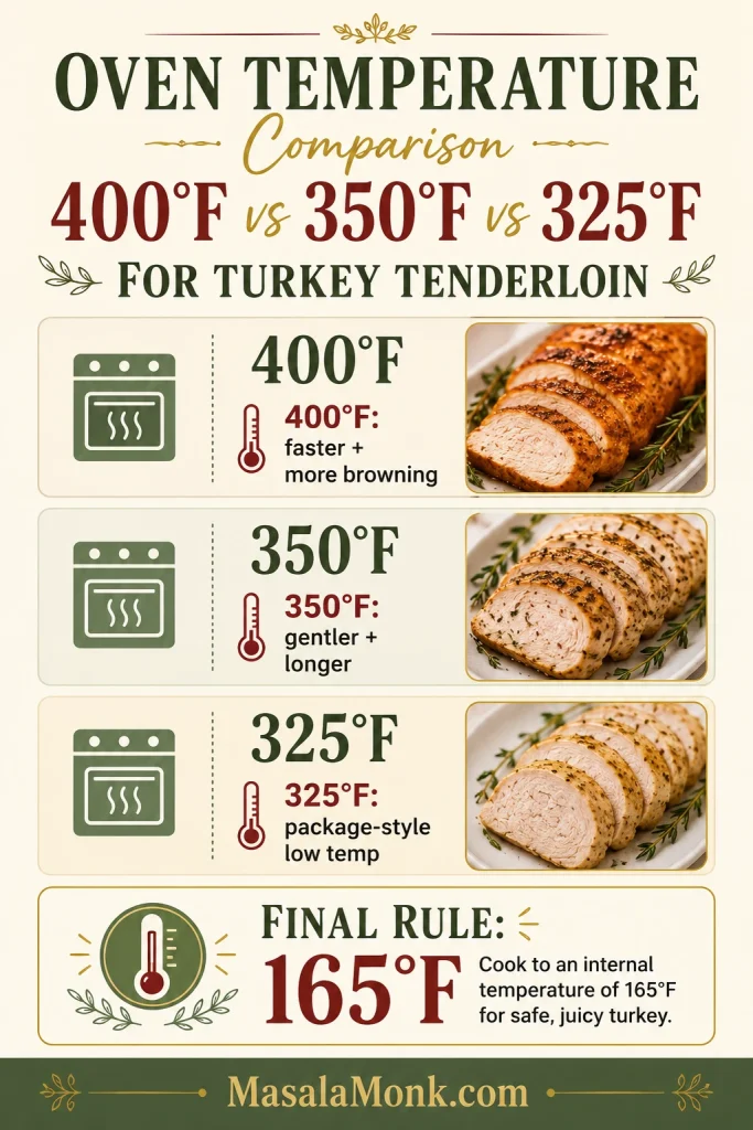 Guide comparing 400°F, 350°F, and 325°F for cooking turkey tenderloin.