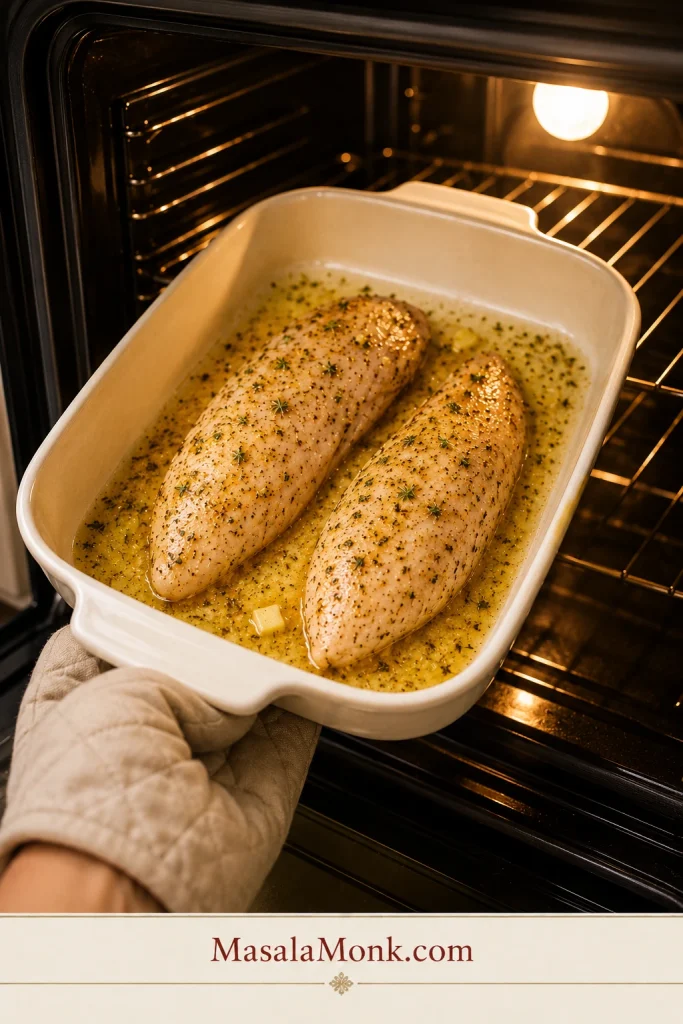 Seasoned turkey tenderloins baking in the oven in a shallow dish.