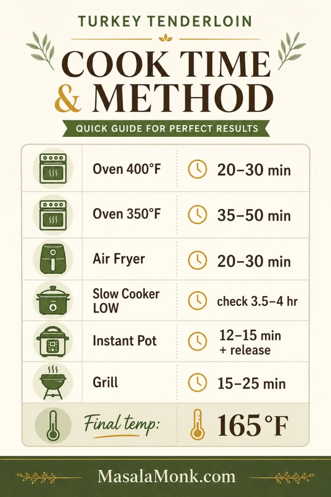 Turkey tenderloin cook time chart for oven, air fryer, slow cooker, Instant Pot, and grill.