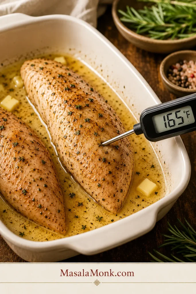 Instant-read thermometer showing 165°F in the thickest part of a cooked turkey tenderloin.