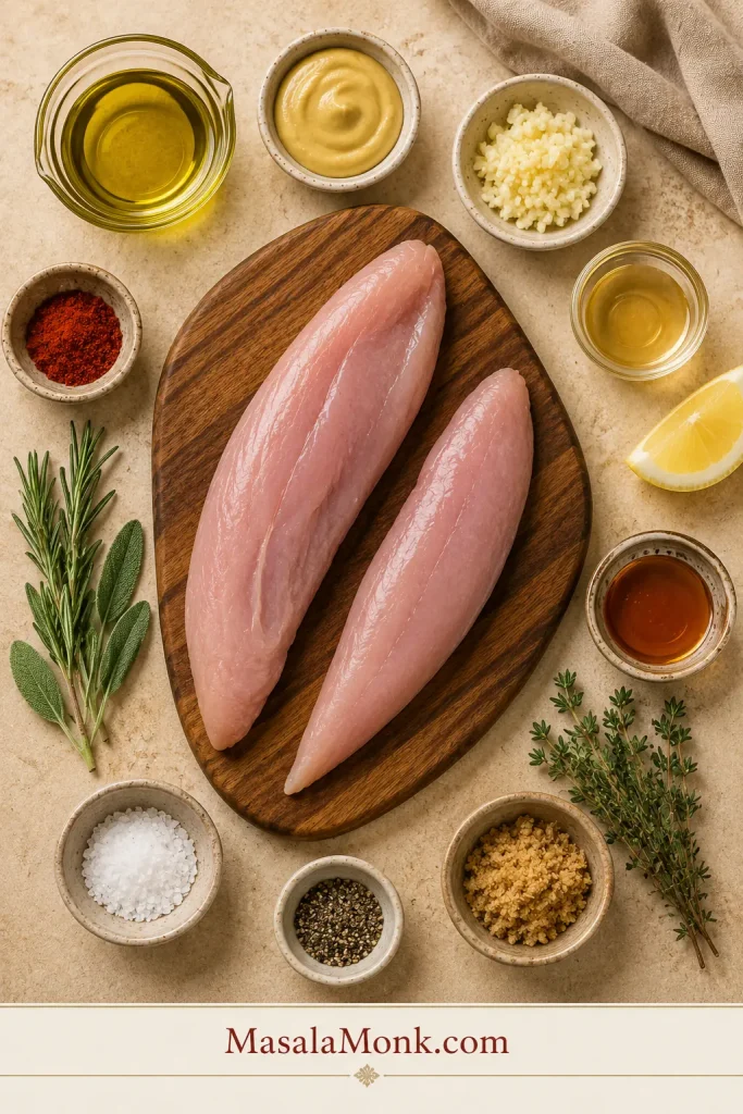 Ingredients for turkey tenderloin marinade, including olive oil, Dijon mustard, garlic, vinegar or lemon, maple syrup or brown sugar, herbs, salt, and pepper.