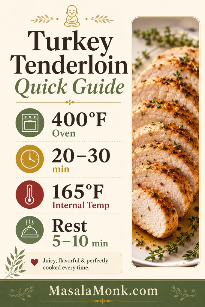Quick guide for cooking turkey tenderloin showing 400°F, 20 to 30 minutes, 165°F, and a 5 to 10 minute rest.