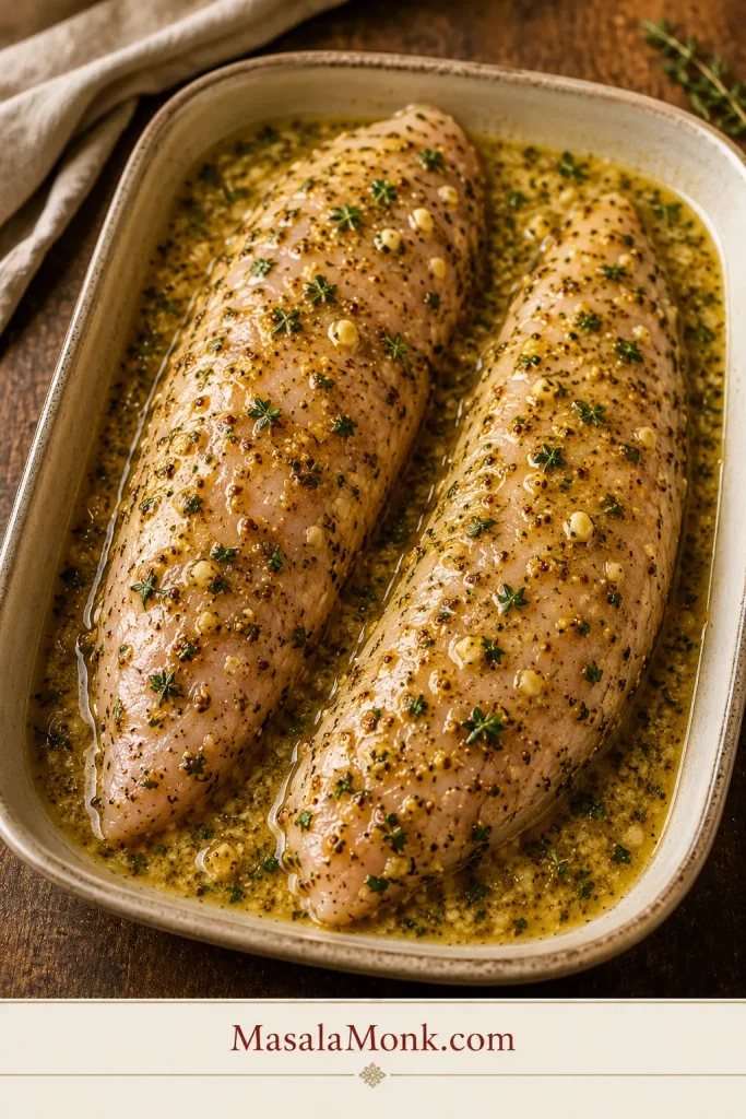 Turkey tenderloins coated with garlic herb marinade before baking.