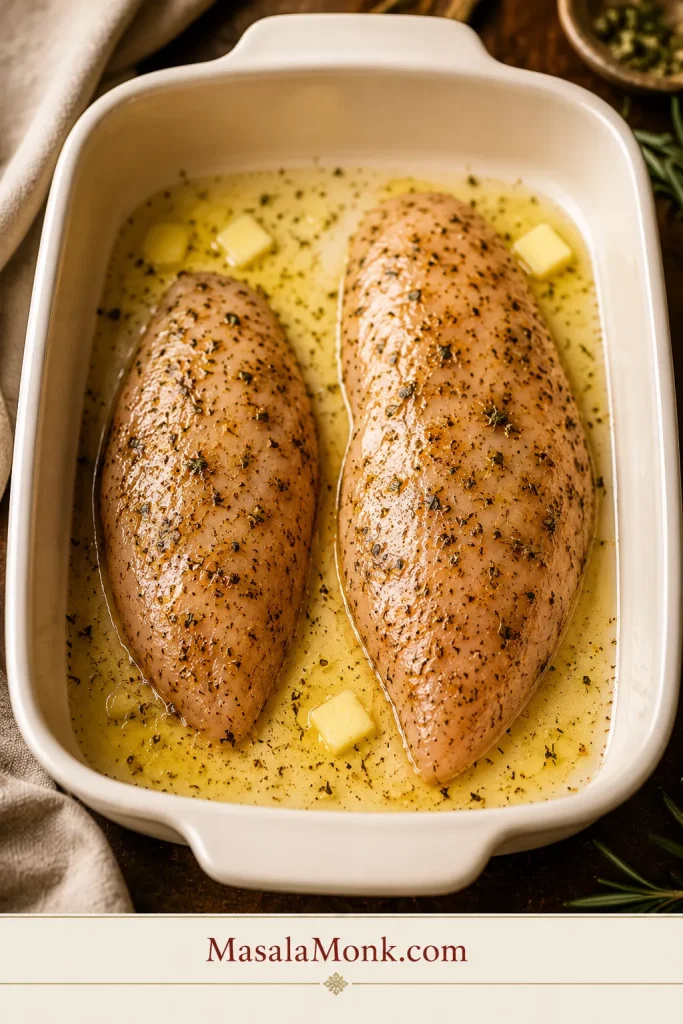 Two turkey tenderloins spaced apart in a baking dish before going into the oven.