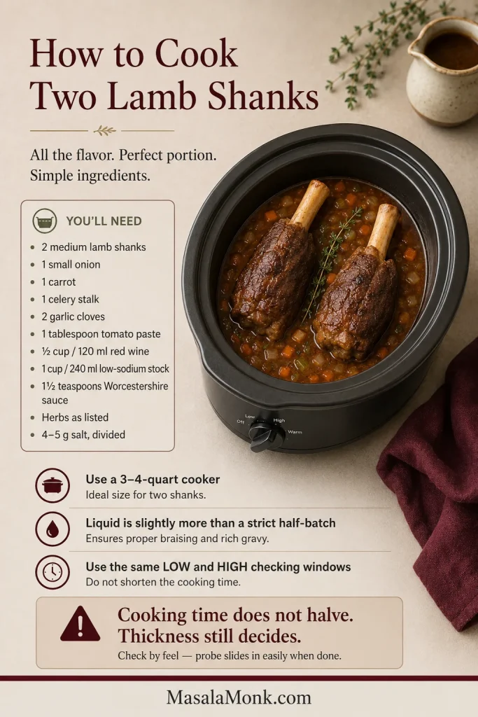 Two lamb shanks in a small oval slow cooker beside scaled ingredients and reminders about liquid depth and cooking time.