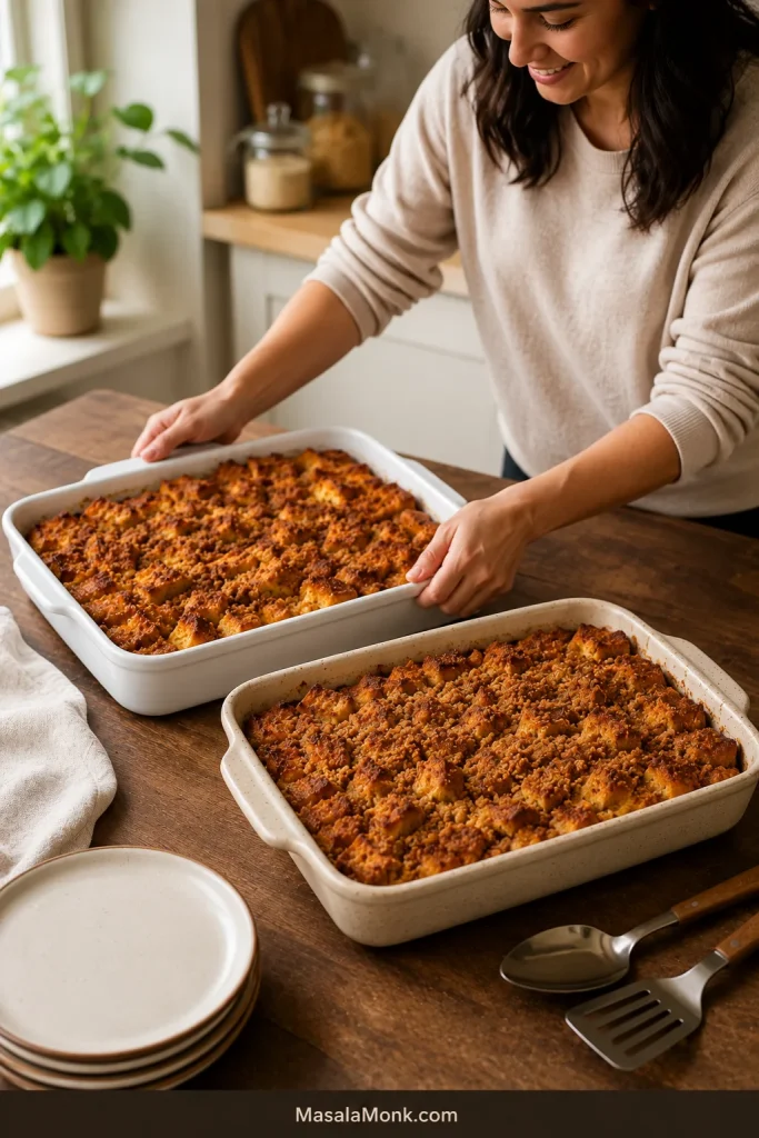 Two rectangular pans of golden French toast casserole arranged with space between them in a bright kitchen.