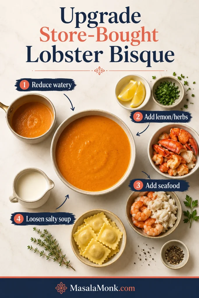 Overhead board showing lobster bisque with lemon, herbs, seafood, cream, pasta, and upgrade notes for store-bought bisque.