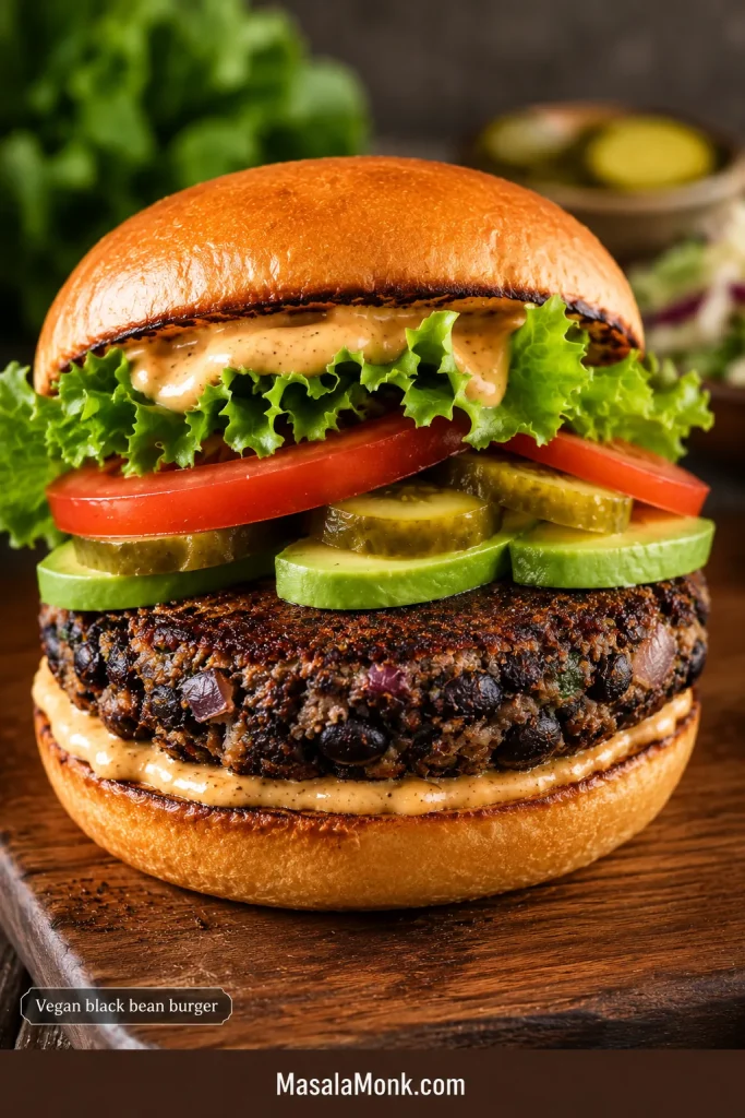 Vegan black bean burger on a bun with avocado, lettuce, tomato, pickles, sauce, and a dark black bean patty.