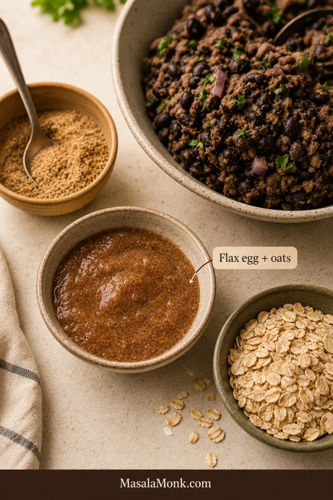 Small bowl of thickened flax egg beside rolled oats and a bowl of black bean burger mixture on a cream countertop.