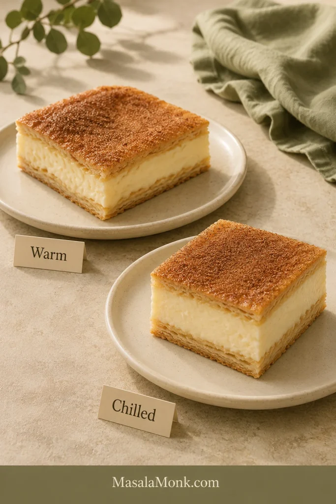 Matching Sopapilla Cheesecake bars on separate plates, one labeled warm and one chilled, showing the same layers with slightly different firmness.