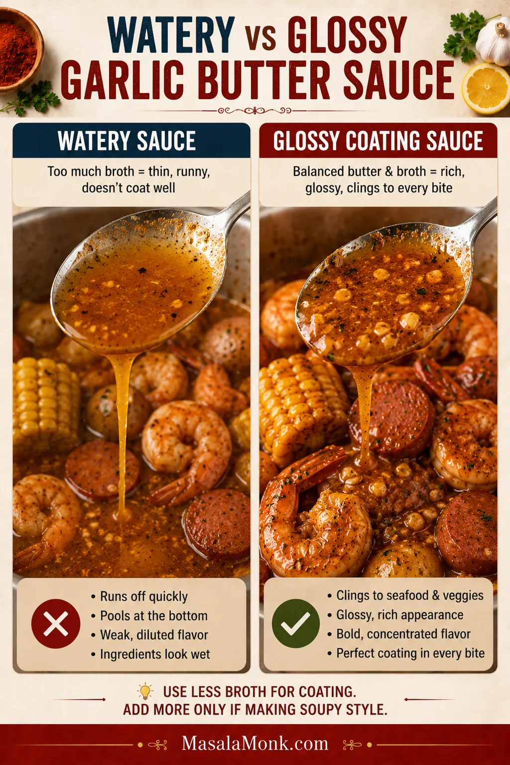 Split comparison of watery garlic butter sauce versus glossy coating sauce with spoon texture.
