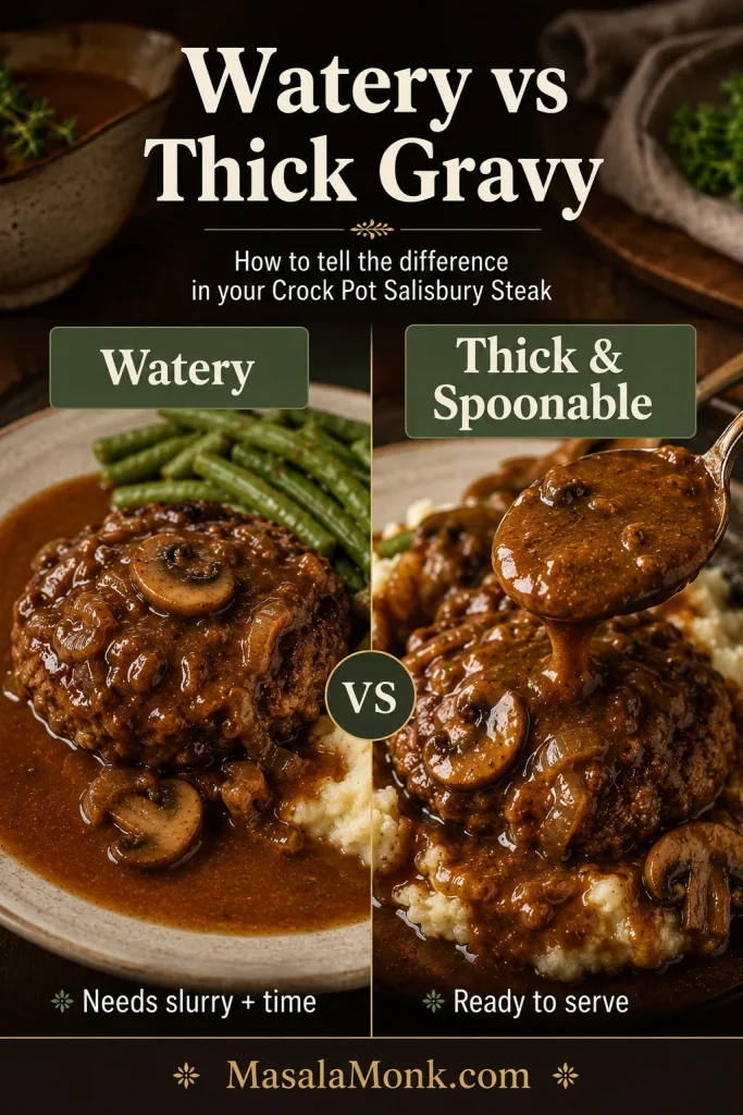 Comparison guide showing watery gravy that needs slurry and thick spoonable gravy that is ready to serve.