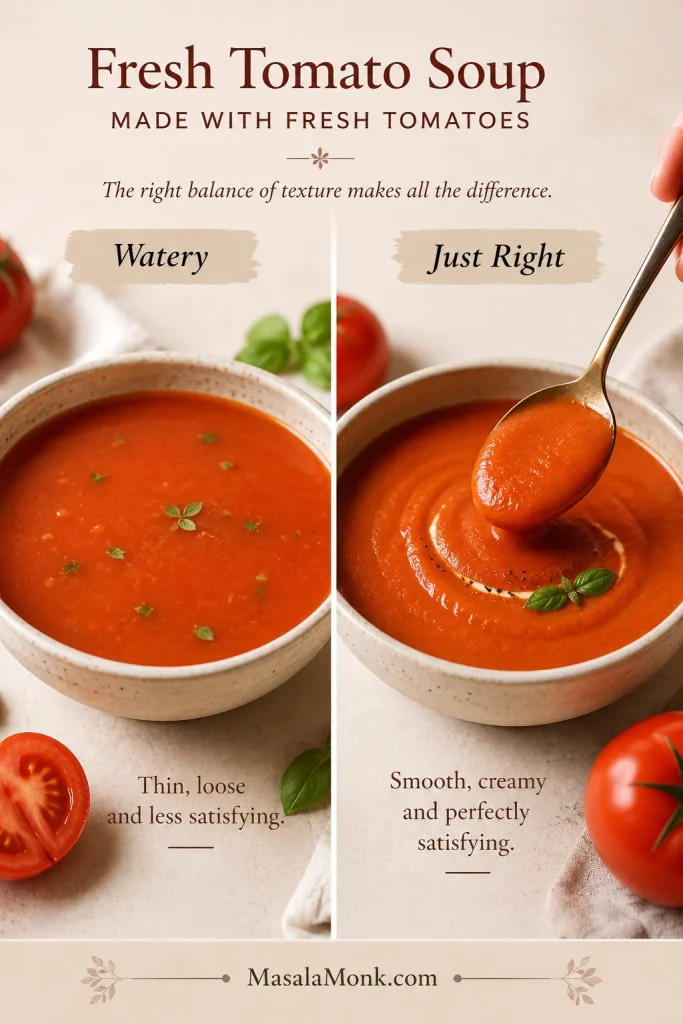 A side-by-side comparison showing watery tomato soup and thicker tomato soup labeled just right.