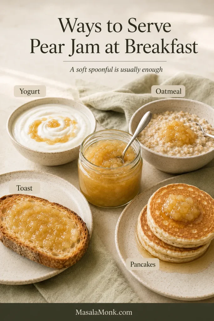 Pear jam served with yogurt, oatmeal, toast and pancakes around an open jar on a light breakfast table.