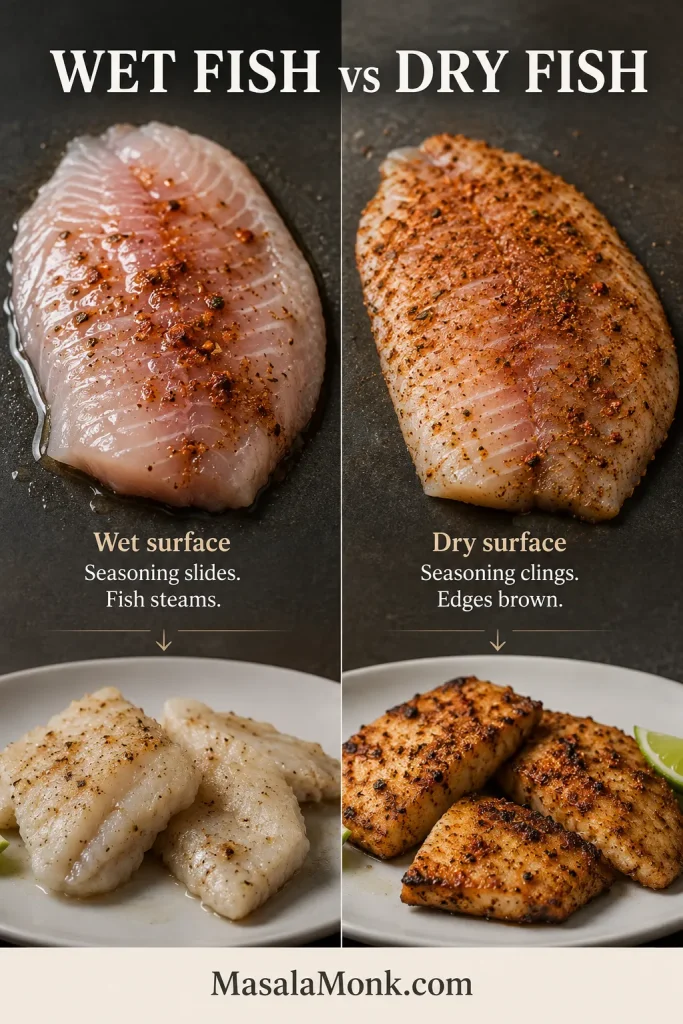 Comparison of a glossy wet tilapia fillet and a matte dried fillet, followed by pale steamed fish on one side and browned cooked fish on the other.