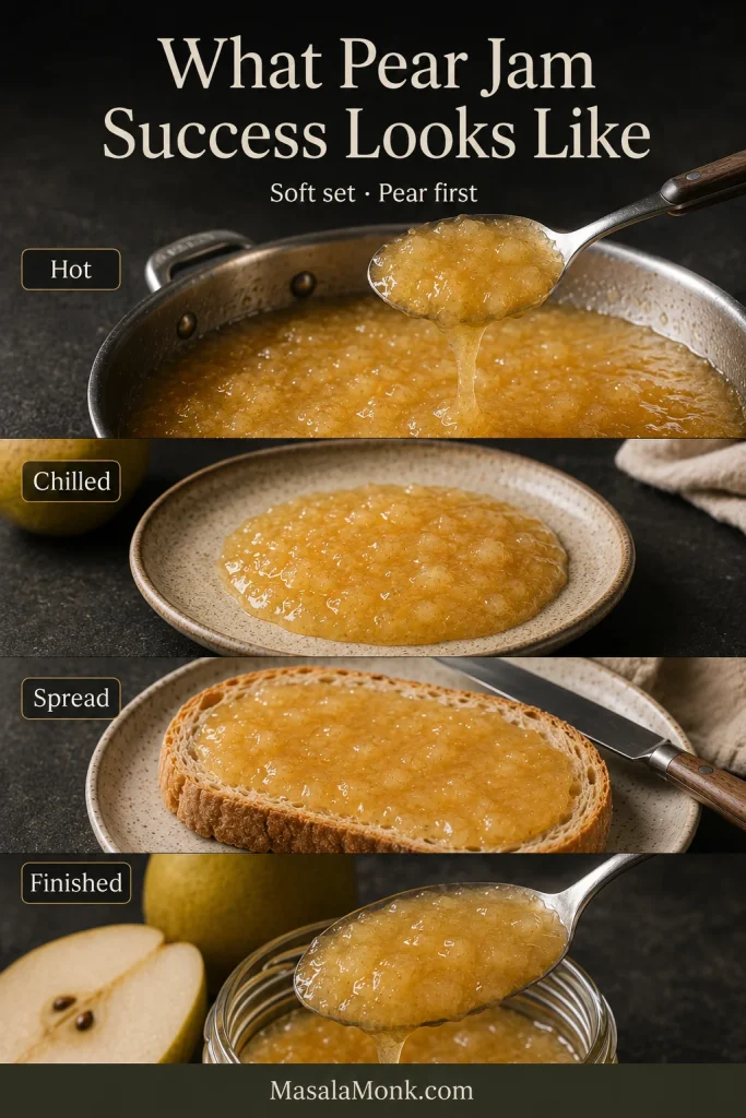 Four views show hot pear jam dripping from a spoon, a chilled sample, jam spread on bread and finished jam in a jar.