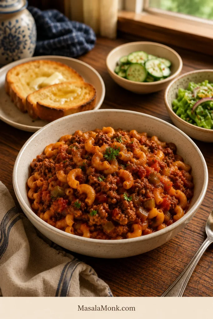 Bowl of American goulash served with buttered toast, cucumber salad, green salad, and a spoon on a wooden table.