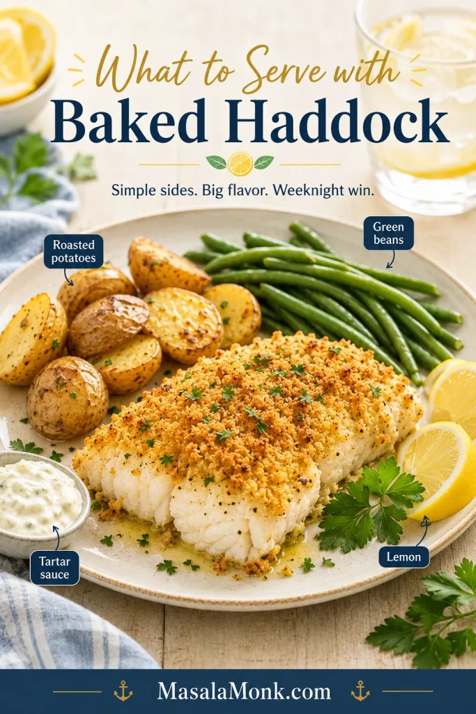Baked haddock served with roasted potatoes, green beans, lemon wedges, parsley, and tartar sauce on a dinner plate.