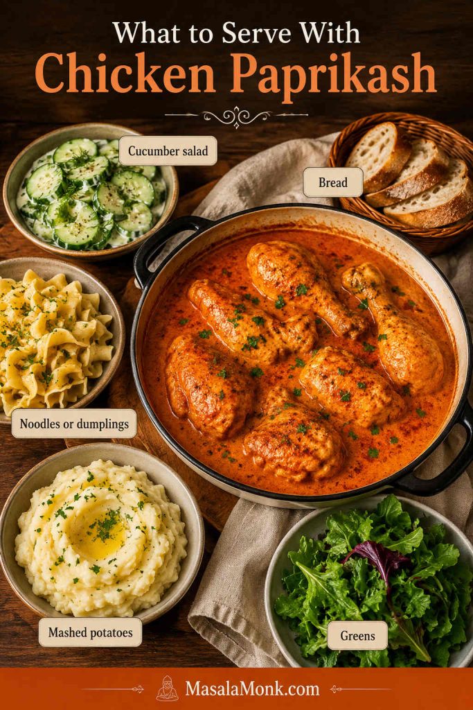 Chicken paprikash served with cucumber salad, bread, noodles or dumplings, mashed potatoes and greens on a wooden table.
