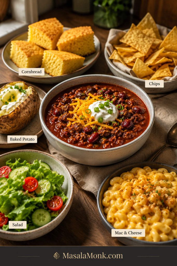 Bowl of crockpot chili served with cornbread, tortilla chips, baked potato, green salad, and macaroni and cheese
