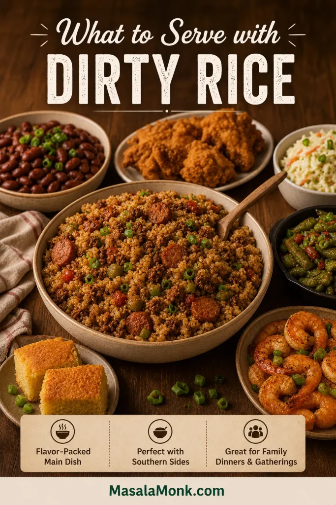 Dirty rice served with red beans, fried chicken, shrimp, green vegetables, cornbread, coleslaw, and other Southern-style sides.