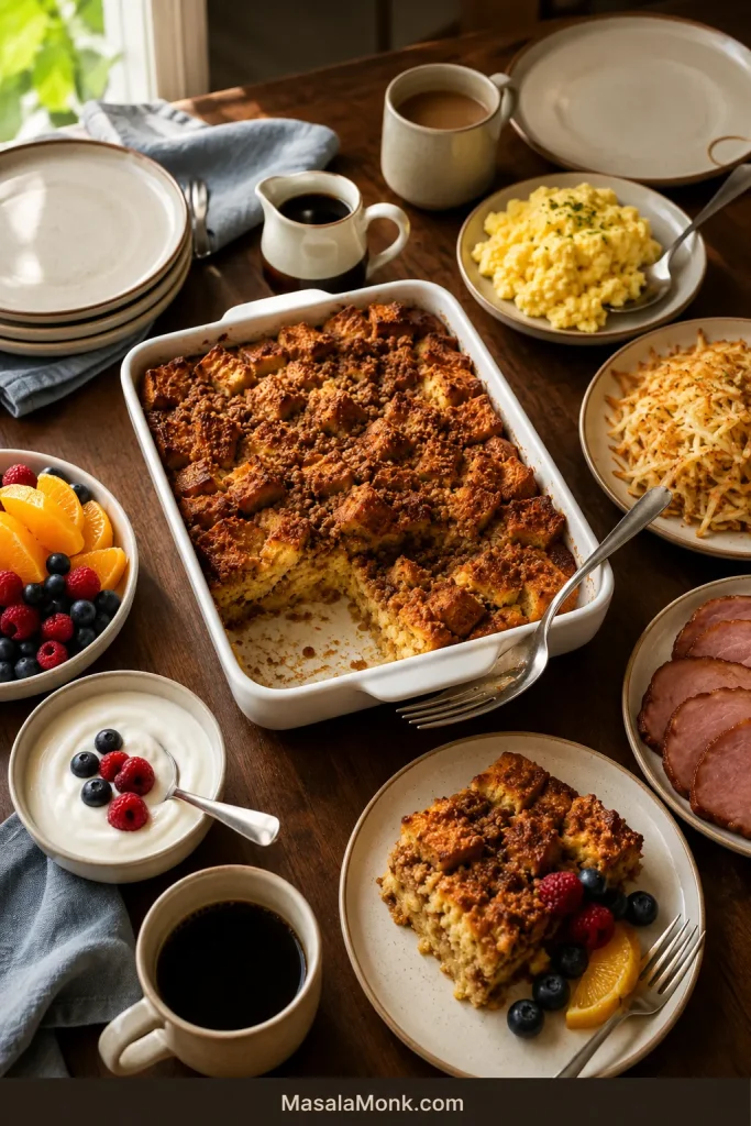 Brunch table with French toast casserole, fruit, yogurt, scrambled eggs, hash browns, sliced ham, maple syrup and coffee.