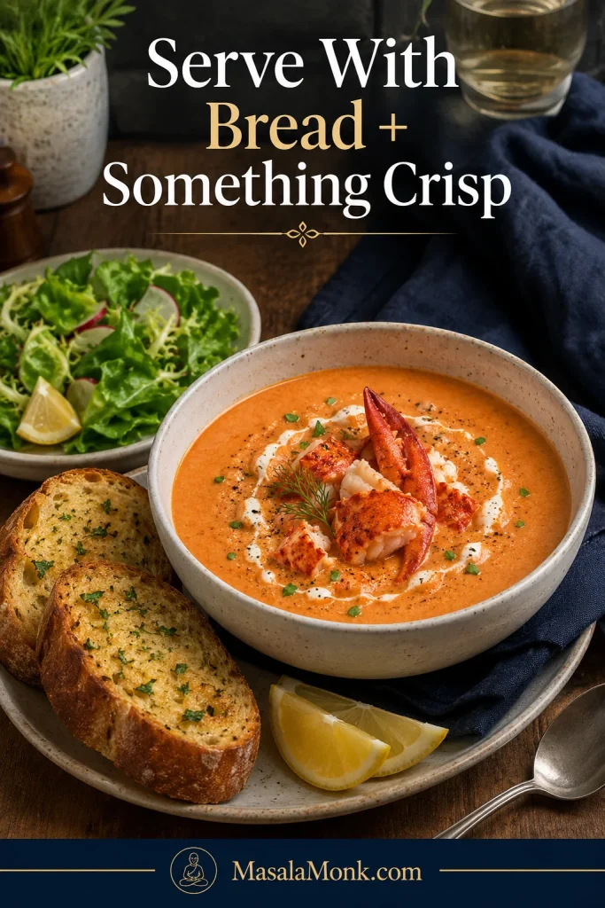 Lobster bisque served with garlic bread, green salad, lemon wedges, spoon, navy linen, and a warm table setting.