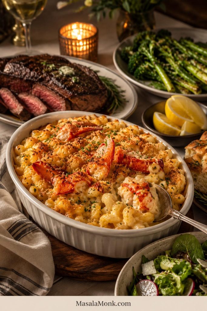 Lobster mac and cheese served with steak, green vegetables, salad, bread, lemon, and a warm dinner table setting.