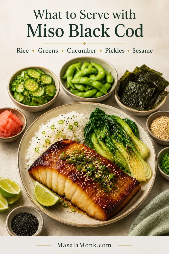 Serving guide for miso black cod with rice, greens, cucumber salad, pickles, sesame seeds, scallions, and lime.