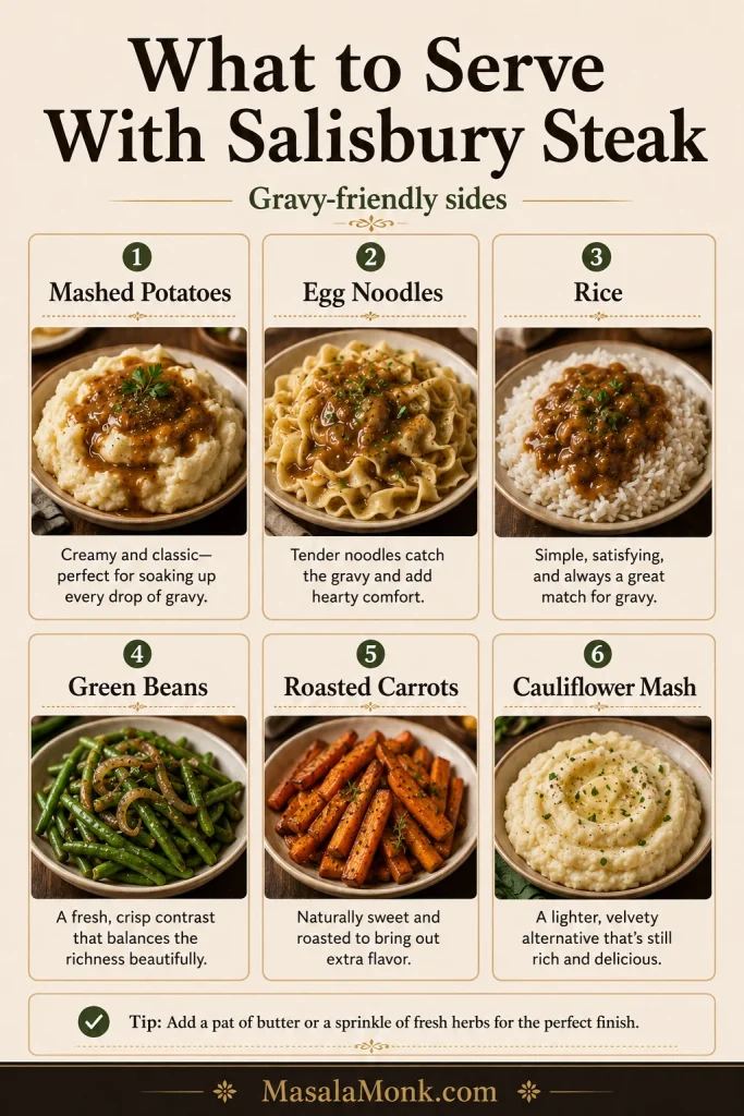 Serving guide for Salisbury steak showing mashed potatoes, egg noodles, rice, green beans, roasted carrots, and cauliflower mash as side dish options.