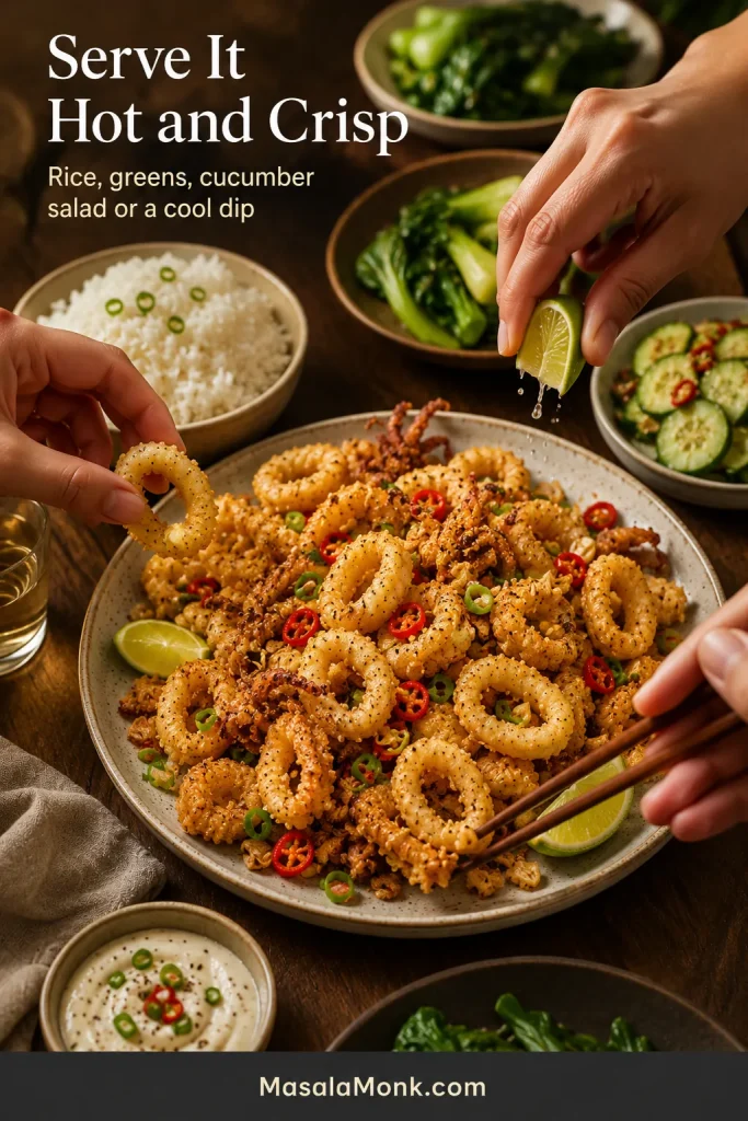 Shared table with salt and pepper squid, steamed rice, greens, cucumber salad, cool dip, lime and several hands serving.
