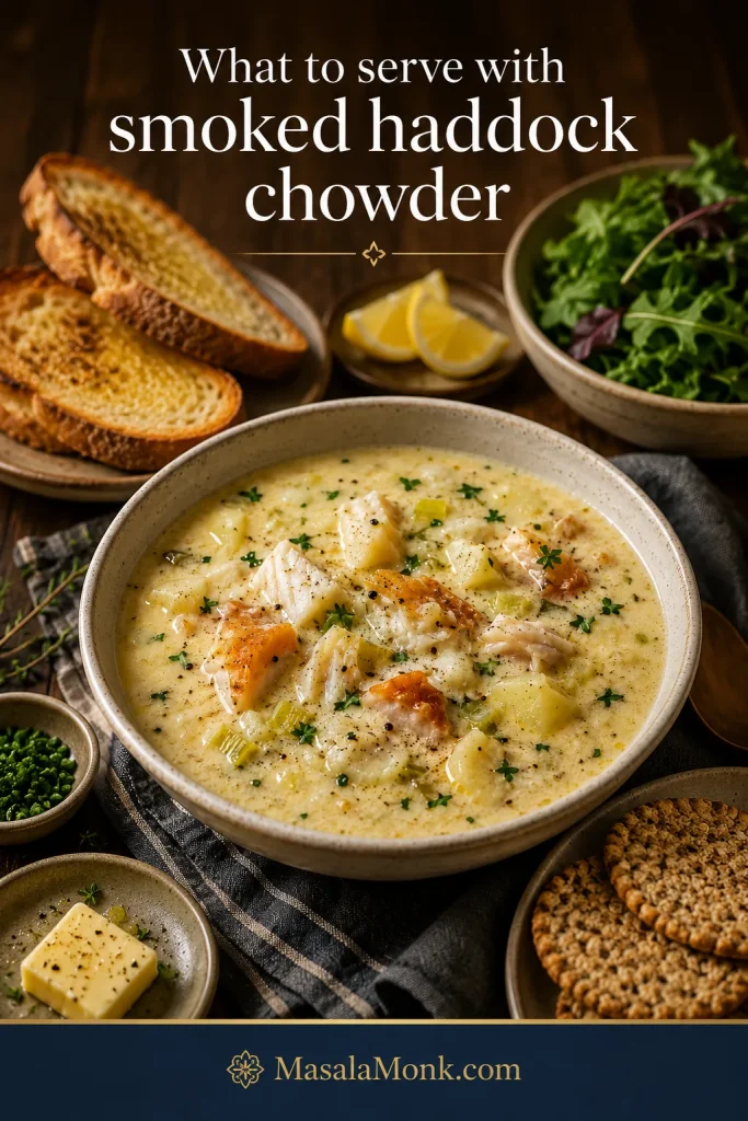 Bowl of smoked haddock chowder served with toasted bread, salad, lemon wedges, oatcakes, butter, herbs, and black pepper.